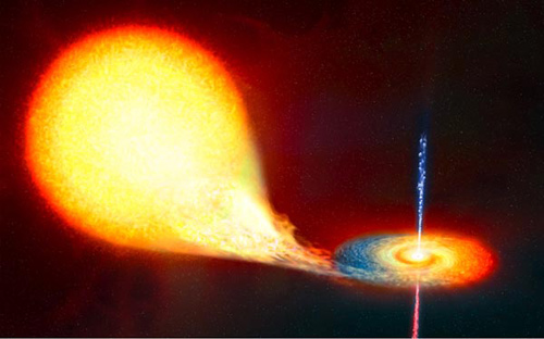 Так анонимный художник Европейского космического агентства (ESA) изобразил момент «проглатывания» черной дырой (справа) оказавшейся поблизости звезды (слева). Прежде чем газ упадет на поверхность дыры, он закрутится вокруг нее со скоростью близкой к световой. Именно из этого хоровода вырывается мощный поток рентгеновского излучения. Иллюстрация: ESA