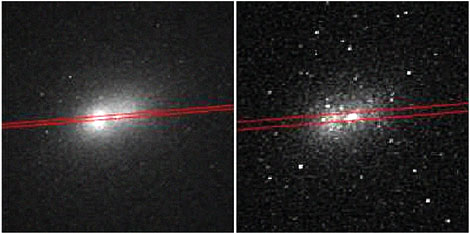Околоядерный звездный диск в центре Туманности Андромеды (изображения «Хаббла» из статьи Bender et al. Astrophys. J. v.631, p.280, 2005): слева — снимок в зеленых лучах (через фильтр HST/F555W), справа — снимок в ультрафиолетовых лучах (через фильтр HST/F300W), оба снимка охватывают площадку размером 6,4 угловых секунды.