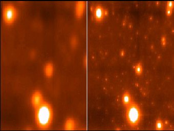 Звездное скопление M13. Слева: фотография, сделанная при помощи обычного телескопа, справа: фотография, сделанная с использованием технологии 