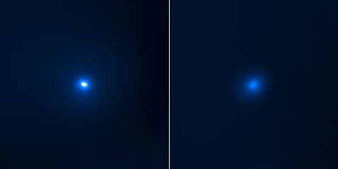 Система M33 X-7 до (слева) и во время (справа) затмения (фото NASA/CXC/CfA/P.Plucinsky et al.).