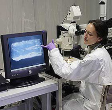 Хоуп Ишии рассматривает под микроскопом след, оставленный кометной пылинкой в аэрогеле (фото Reuters).