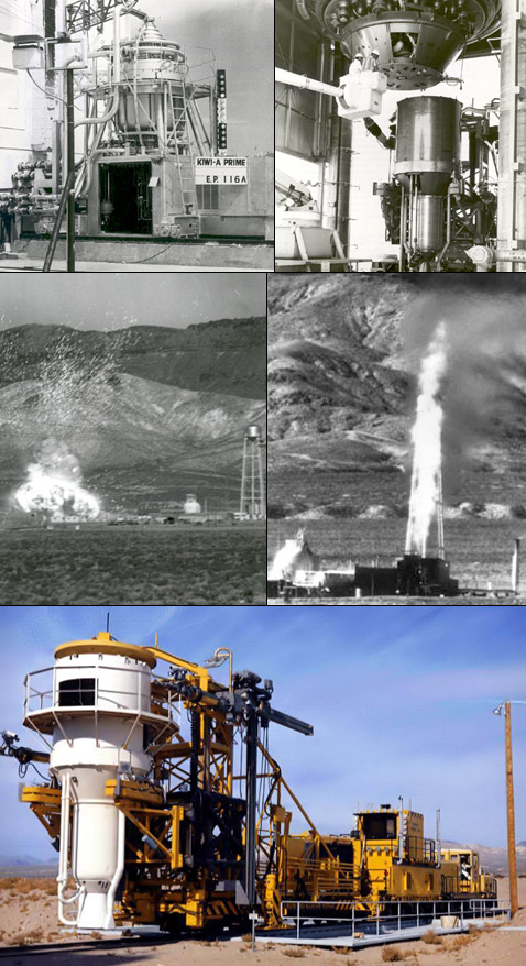 С конца 1950-х по конец 1960-х в США было изготовлено несколько тестовых ядерных двигателей. Справа налево и сверху вниз: Kiwi-A Prime, один из первых опытных 