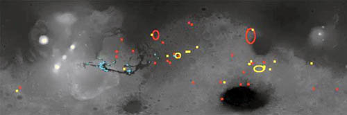Глинистую породу (отмечена красным) спектрометр OMEGA, установленный на спутнике Mars Express, обнаружил в целом ряде мест планеты