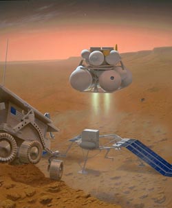 Как бы ни были совершенны марсоходы — используемые сейчас или те, что отправятся на Марс в будущем, — детальную информацию о марсианском грунте можно получить только в условиях земной лаборатории. Во избежание опасностей по пути на Землю надо будет сделать промежуточные остановки. Иллюстрация: NASA