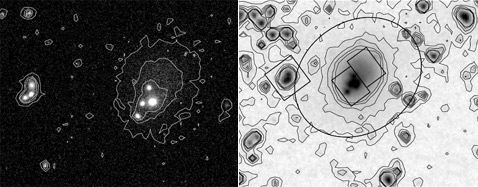 Изображения сталкивающихся галактик в оптическом (слева) и в инфракрасном (справа) диапазонах. Области с примерно одинаковым излучением выделены контурами. Как показал анализ данных, район этого столкновения очень беден газом (как и в большинстве аналогичных случаев), поэтому новых звёзд там относительно мало (фото Kenneth Rines, Rose Finn, Alexey Vikhlinin).