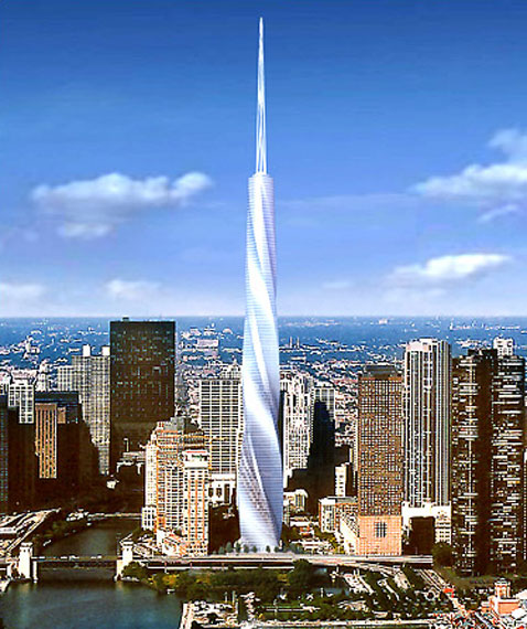 Первоначальный проект.
Иллюзия вращения Fordham Spire, по идее, будет возникать из-за 2-градусного смещения одного этажа от другого (изображение Santiago Calatrava S. A.).