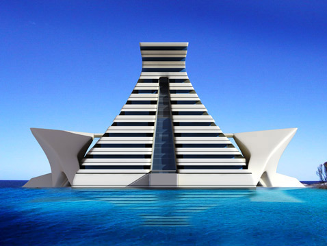 А вот так — очень похоже на старинную архитектуру индейцев. К слову, Maya Hotel сможет выдержать волны высотой до 15 метров, которые могут возникнуть при цунами (иллюстрация Oceanic-Creations).