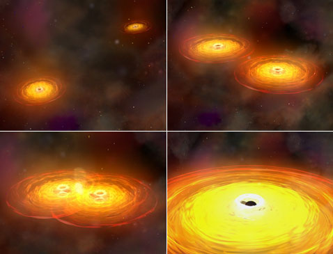 Так выглядит (по реконструкции учёных) слияние двух сверхмассивных чёрных дыр, прежде являвшихся центрами столкнувшихся галактик (иллюстрации J.Barnes, University of Hawaii/J.Hibbard, NRAO; NASA/CXC/A. Hobart).