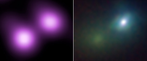 
Слева — рентгеновский снимок галактики NGC 1260, где произошёл взрыв сверхновой. Чтобы понять масштабы происшествия, достаточно сравнить два этих пятна: то, которое слева внизу – это самая яркая часть галактики – её ядро, а справа вверху – сверхновая, взорвавшаяся в этой галактике. Небезынтересно отметить, что на снимке справа, полученном с помощью адаптивной оптики в обсерватории Лика (Lick Observatory) в инфракрасном диапазоне, сверхновая намного ярче ядра (фото NASA/CXC/UC Berkeley/N.Smith et al., Lick/UC Berkeley/J.Bloom & C.Hansen).