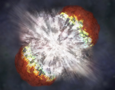 
Так в общих чертах выглядит структура SN 2006gy. При взрыве поверхностные слои холодного газа (показан тёмно-красным) были 