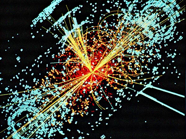 Еще до начала реальных экспериментов их можно провести виртуально с помощью суперкомпьютеров. Хиггсовский бозон — частица неустойчивая, и, родившись, он быстро распадется на кварки и лептоны. Образовавшиеся свободные кварки еще быстрее превратятся в адронные струи. Компьютер подскажет, какую картинку надо ждать от детектора. Иллюстрация: CERN copyright.
