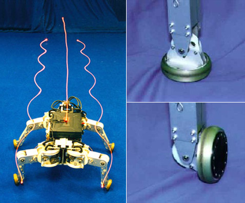 Roller-Walker. Движение робота (его траектория показана слева) похоже на способ перемещения на роликовых коньках под названием «фонарик», когда человек едет, не отрывая роликов от земли. Собственно, эта машина так и двигается (файл MPG, 4,85 мегабайта), но только на четырёх ногах, а не на двух (фото с сайта www-robot.mes.titech.ac.jp).