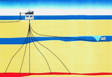 Saline Aquifer CO2 Storage — характерный пример хранилища углекислого газа между слоями породы глубоко под океанским дном (иллюстрация с сайта iku.sintef.no).