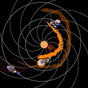 Наблюдения с нескольких спутников позволили планетологам нанести траектории солнечных выбросов на карту Солнечной системы. Показан один из многих таких 