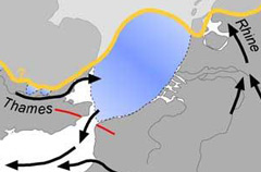 450 тысяч лет назад. Желтым показана граница ледника, голубым – озеро, стрелками указан ток Темзы и Рейна, красным – прорыв антиклинали Вельд-Артуа. Иллюстрация Nature.