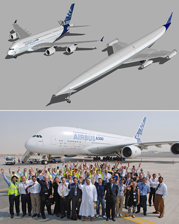 Лайнер будущего - A2. Здесь британцы его сравнивают с Airbus А380 — самым большим пассажирским авиалайнером в мире (иллюстрация Reaction Engines).
Кажется, что A380 не такой уж и большой...
Но посмотрите на его размер на нижнем фото.