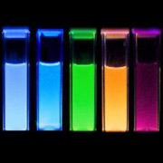 Флуоресцентные полимерные наночастицы в кюветах, в специальном растворе, подсвечены ультрафиолетовой лампой (фото Jason McNeill, Clemson University).