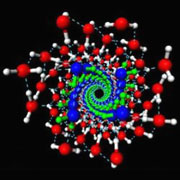 Спиральная структура воды при высоком давлении внутри нанотрубки. Синим с зелёным показаны четыре одинарные спирали внутренней стенки, а красным с белым выделены молекулы внешнего слоя, образующие четыре двойные спирали (фото Xiao Cheng Zeng).