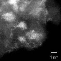 Кластеры золота (светлые пятна) в матрице анатаза TiO2 (STEM). Хорошо видны отдельные атомы золота.