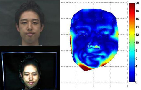 Исследователи сравнили оригинал лица и его воспроизведение, сделанное WD-2. На цветной диаграмме справа показаны отклонения копии от образца (в миллиметрах). Понятно, что прибор работает довольно точно, но на дальнейшее его совершенствование потребуется ещё не один год (фото и иллюстрация с сайта takanishi.mech.waseda.ac.jp).