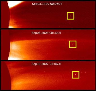 P/2007 R5 (SOHO) 5 сентября 1999 года, 8 сентября 2003 года и 10 сентября 2007-го. В следующий раз её ждут в сентябре 2011-го (фото Karl Battams, NRL).