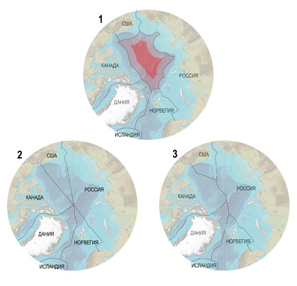 Метод (1) по разделу северных акваторий предлагается в рамках Конвенции по морскому праву (розовым цветом обозначены территории, которые арктические страны могут получить по дополнительным заявкам; красным цветом обозначена территория, которая может быть получена только на «шельфовом» основании. Метод (2) — «секторный». Метод (3) — «медианный». Последние два метода могли бы быть использованы, если арктические страны сумели бы договориться о разделе без участия ООН. Иллюстрация: Олег Сендюрев/ «Вокруг света» по иллюстрациям NOAA, заявке России в комитет ООН по океанам и морскому праву.