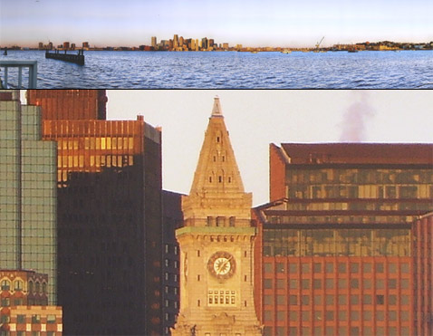 Панорама делового центра Бостона на восходе. Часы на башне показывают 7 часов 10 минут утра (фото с сайта gigapan.org).