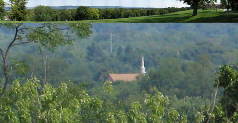 Харрисберг (Harrisburg), Пенсильвания. В самом центре этой панорамы, вдалеке за деревьями находится церковь, которую можно прекрасно рассмотреть на увеличенном фрагменте (фото с сайта gigapan.org).
