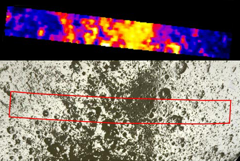 Инфракрасный снимок участка Япета. Температура в выделенном районе колеблется от 110 (чёрный) до 127 (жёлтый) кельвинов (фото NASA/JPL/GSFC/SwRI/SSI).