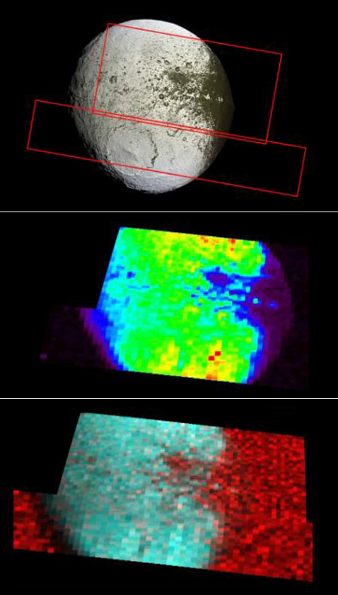 Снимки, сделанные в различных частях ультрафиолетового спектра. С их помощью астрономы надеются узнать подробнее о распределении воды в выделенных районах на Япете (фото NASA/JPL/University of Colorado/Space Science Institute).