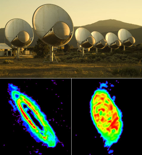 Первыми изображениями, полученными на ATA, стали карты галактик Андромеда (M31, слева) и Треугольник (M33). Цвета показывают яркость радиоэмиссии и, соответственно, плотности водорода (фотографии SETI Institute и Allen Telescope Array/UC Berkeley).