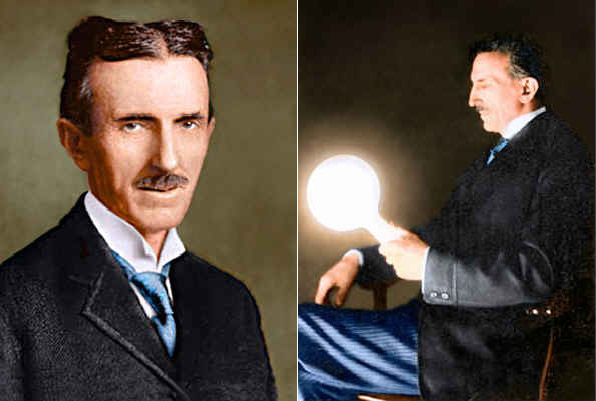 Слева: Никола Тесла, 1920 год. В возрасте 64 летСправа: Лампочка светится в руках Тесла без каких-либо проводов.