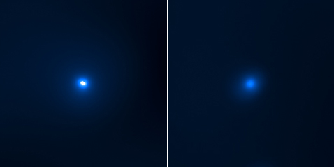 Система M33 X-7 до (слева) и во время (справа) затмения (фото NASA/CXC/CfA/P.Plucinsky et al.).