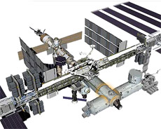 Модуль Harmony (на переднем плане, обведён жёлтым) соединит американский сегмент станции с европейским и японским. На этом рисунке показано, как с боков к Harmony будут подстыкованы лаборатории Columbus и Kibo. Они стартуют в конце 2007-го и начале 2008 года (иллюстрация NASA).