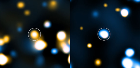 Пример действия метода наложения, использовавшегося в данной работе. На снимках показана галактика, оказавшаяся квазаром, в рентгеновском диапазоне и в инфракрасном. Слева — использована часть инфракрасного спектра, в котором выделяется энергия, характерная для звёздообразования, справа — участок инфракрасного диапазона, типичный для бóльших энергий, нехарактерных для этого процесса. На этих снимках произошло совпадение участков с высокой энергией в рентгене и в части инфракрасного излучения. Старательные учёные обвели кружочком такое место — там притаился квазар (фото NASA/CXC/Durham/D.Alexander et al.).