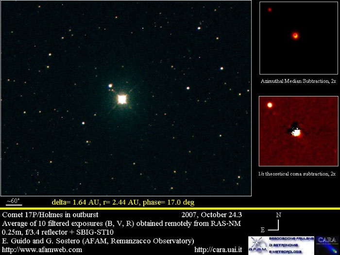 24 октября 2007 года в созвездии Персея вспыхнула и стала видна невооруженным глазом комета 17P/Holmes (изображение с сайта www.afamweb.com).
