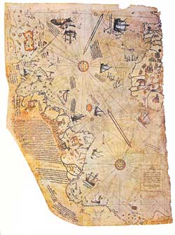 Карта, созданная адмиралом турецкого флота Пири Рейсом в 1513 году. На ней изображены западное побережье Африки, восточное побережье Южной Америки и северное побережье Антарктики. Удивительно, что Пири Рейс нарисовал свою карту за 300 с лишним лет до открытия Антарктиды. Но еще более загадочно то, что на карте изображен свободный ото льда берег Земли Королевы Мод, который после 4000 года до нашей эры был закрыт льдами.