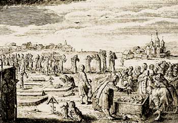 Так изобразил похоронную процессию и погребение немецкий ученый и путешественник Адам Олеарий. Он опубликовал в 1647 году записки, содержащие много интересных и ценных сведений о России.