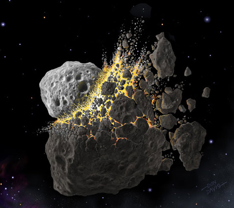 Столкновение астероидов диаметром 170 и 40 километров в самом центре главного пояса астероидов, возможно, и явилось первопричиной исчезновения динозавров на Земле — утверждается в новой работе (иллюстрация Don Davis).