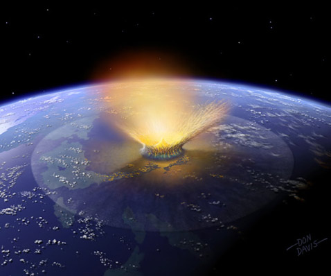 Удар по Юкатану фрагмента погибшего астероида (иллюстрация Don Davis).