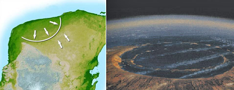 Кратер Чайксалаб на обработанной картинке из космоса (верхние стрелки показывают дугу, оставшуюся выше нынешнего уровня моря). Эта дуга образована небольшим повышением (всего на 3-5 метров), тянущимся через полуостров полоской шириной в 3-5 километров. Справа — так кратер Чайксалаб, вероятно, выглядел во времена динозавров (иллюстрации NASA и с сайта marxist.com).