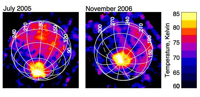 Слева – распределение температуры поверхности, какое учёные ожидали найти на Энцеладе. Справа – то, которое увидели фактически. Температура – в градусах Кельвина.