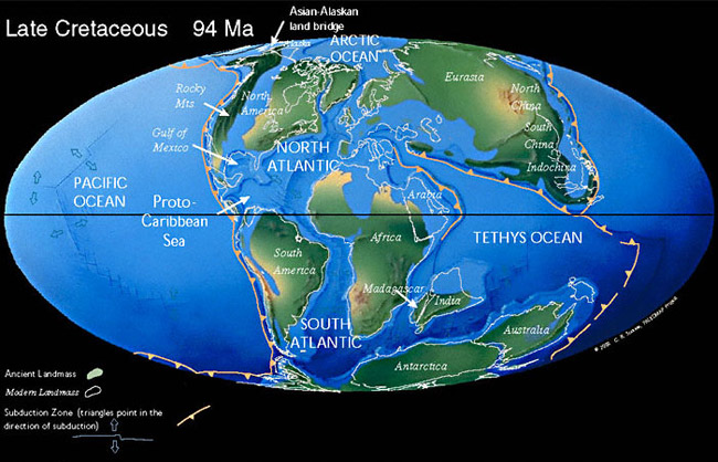 В позднемеловую эпоху (94 млн лет назад) Индия уже отделилась от Африки, но пока еще составляла единое целое с Мадагаскаром. Рис. с сайта www.scotese.com