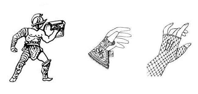 СЛЕВА: Гладиаторы защищали руки, наматывая на них длинные ремни из недубленой кожи.В ЦЕНТРЕ: Женская перчатка второй половины XVI века.СПРАВА: Митенка начала ХХ века.