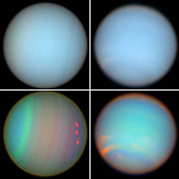 Уран (слева) и Нептун (справа) сформировались в схожих условиях и выглядят почти как братья-близнецы — как в натуральных (вверху), так и в усиленных (внизу) цветах (фото NASA/E. Karkoschka/University of Arizona).