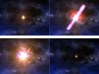 Четыре стадии слияния нейтронных звезд: вид издалека. Справа вверху (третья стадия): выбрасываются два пучка материи, являющиеся источниками гамма-излучения. Рисунок с сайта NASA. 