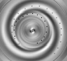 Обработанное изображение чудо-галактики показывает внешние спиральные рукава (один из них отмечен белыми точками), раскручивающиеся по часовой стрелке, и внутренние (один из них помечен чёрными точками), раскручивающиеся против часовой стрелки (иллюстрация с сайта physorg.com).