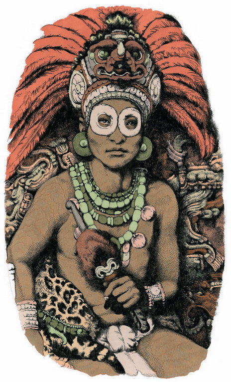 Правители майя стремились подчеркнуть свою связь с легендарным иноземцем по имени Рождающий Огонь. Они переняли чужеземное вооружение: защитные очки и дротик, с которым он изображен на этом современном рисунке.