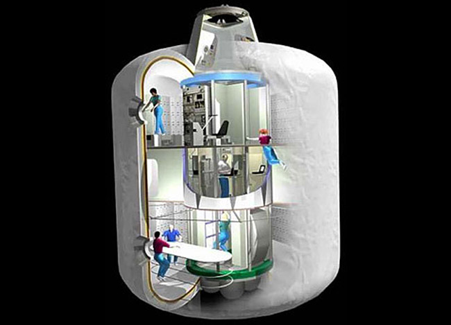 Bigelow Aerospace полагает, что самыми удобными и надёжными в космосе являются надувные многослойные конструкции, развёртываемые вокруг жёсткого ядра уже после вывода модуля станции на орбиту (иллюстрация Bigelow Aerospace).