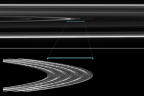 Вверху — волнистая структура в кольце D, внизу — её модель. Эта аномалия, по-видимому, возникла при столкновении с астероидом или кометой в 1984 году. Образовавшиеся волны, похоже, сглаживаются со временем  (фото и иллюстрация NASA).